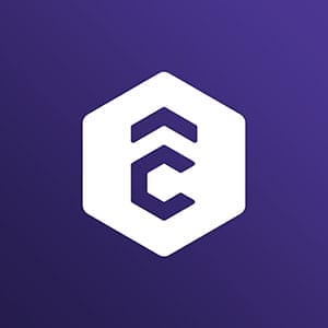 A white, stylized letter "C" and upward arrows are centered within a hexagon on a purple background. The logo has a modern design.