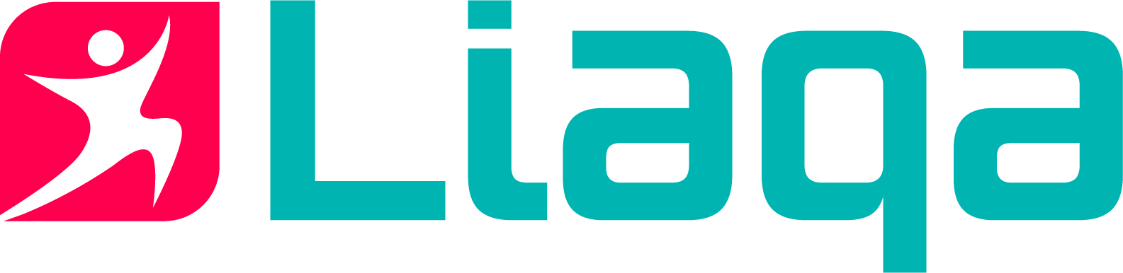 The image features the word "Liaqa" in teal letters next to a red square. Inside the square, there is a stylized white figure resembling a person in motion, suggesting activity or vitality. The design is modern and dynamic.