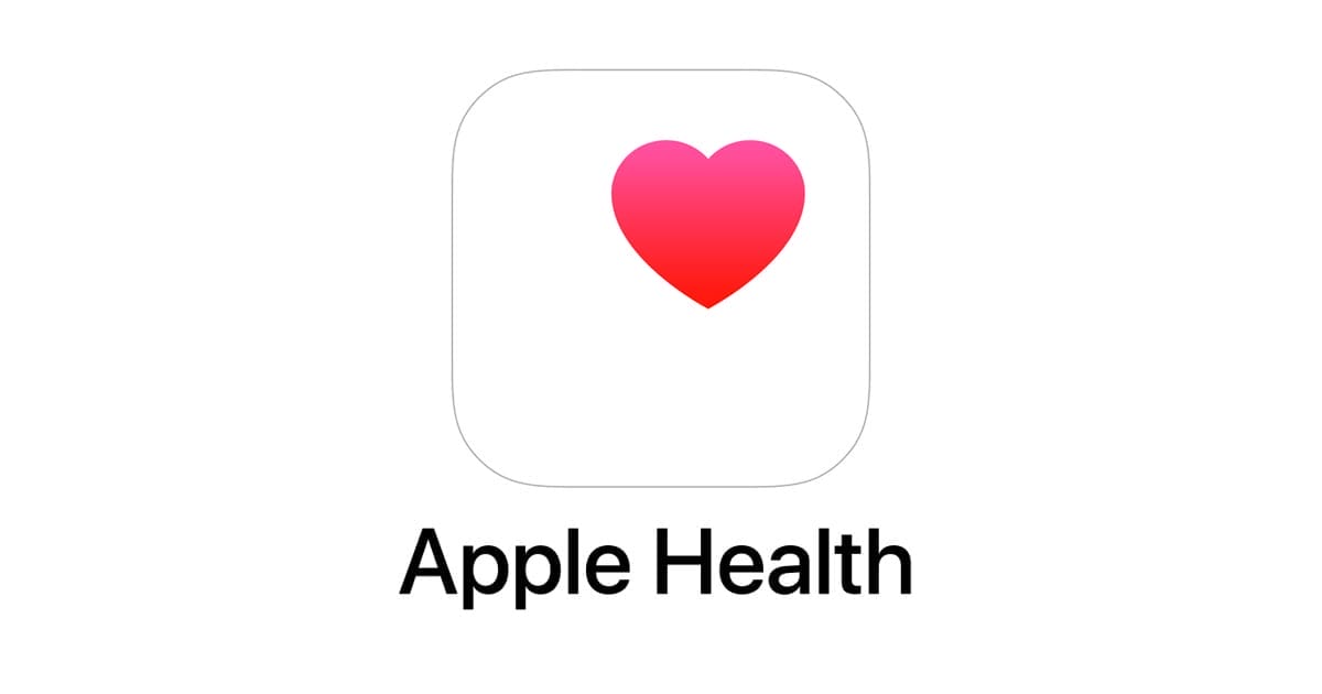 Apple Health logo featuring a square icon with rounded corners, displaying a pink and red heart in the center. Below the icon, the text "Apple Health" is written in black on a white background.