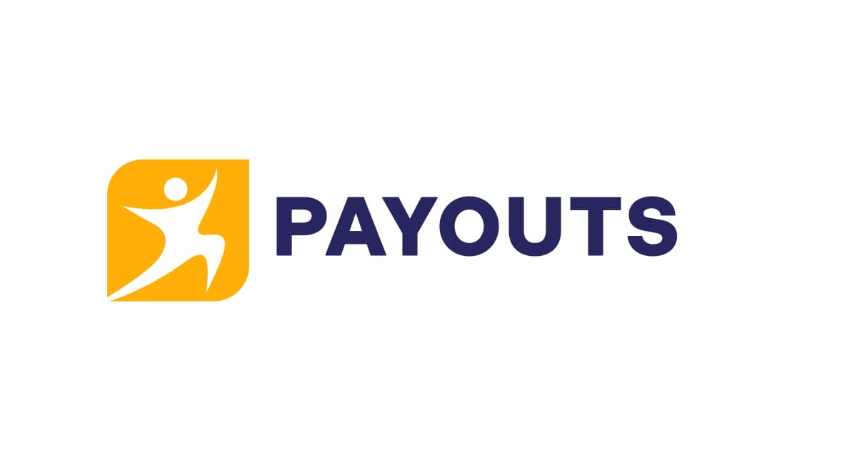 Logo featuring a stylized white figure leaping, set against a yellow background with rounded corners on the left. To the right, the word "PAYOUTS" is in bold, dark blue capital letters on a white background.