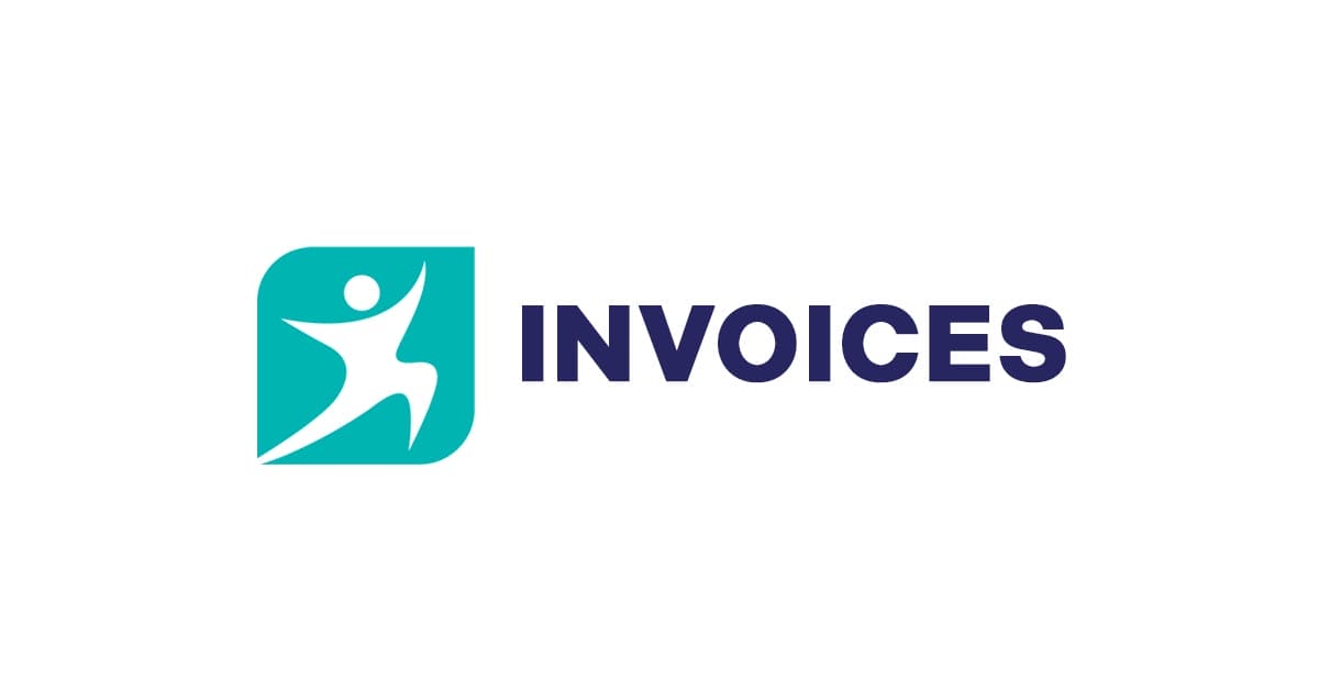 A teal square logo with a stylized, white human silhouette on the left. Beside it, the word "INVOICES" is written in bold, dark blue capital letters on a white background.