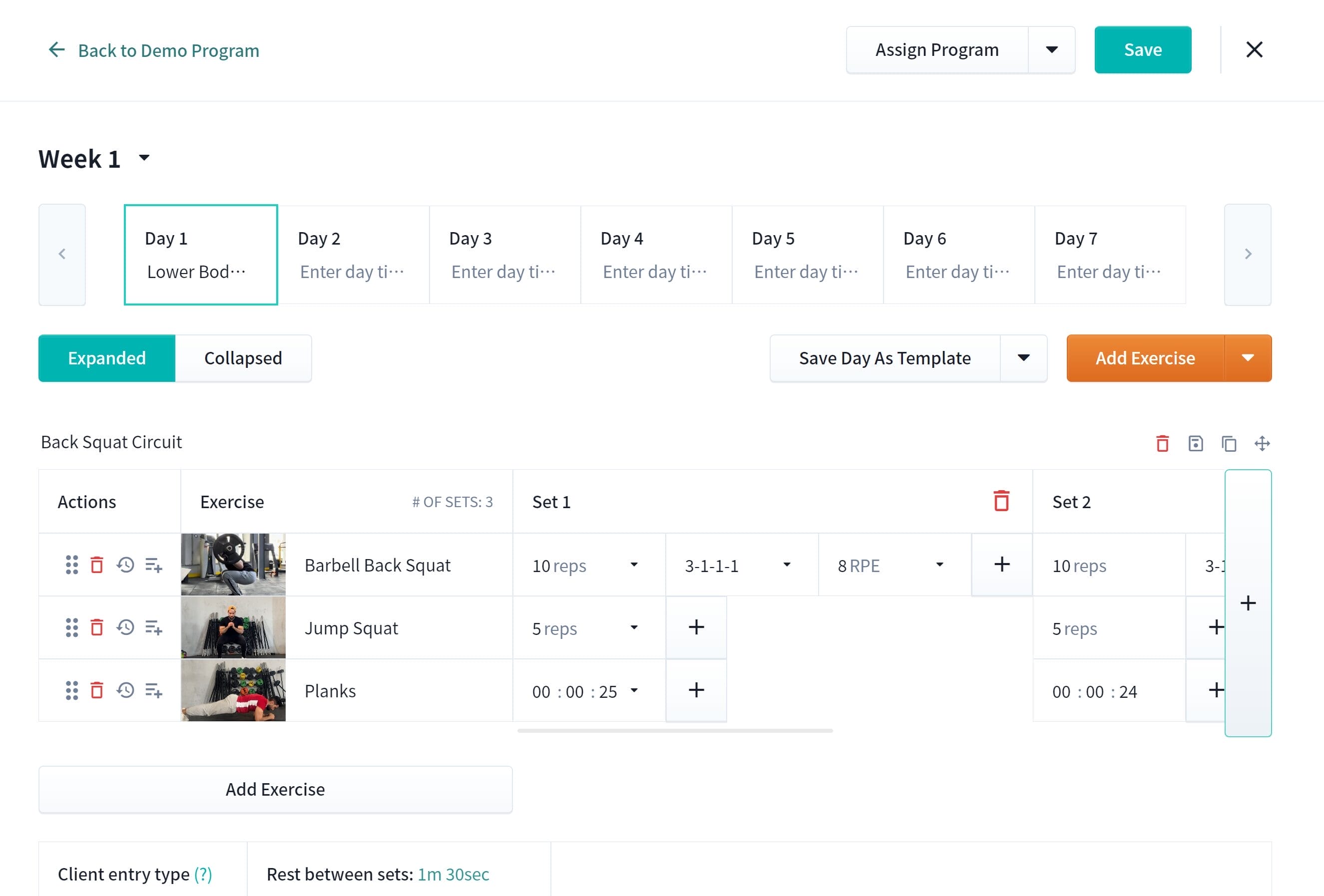 A fitness program interface displaying "Week 1". Day 1 is selected, titled "Lower Body Circuit". A back squat circuit includes barbell back squats, jump squats, and planks with specified sets, reps, and rest times. Options to adjust, save, and add exercises are visible.