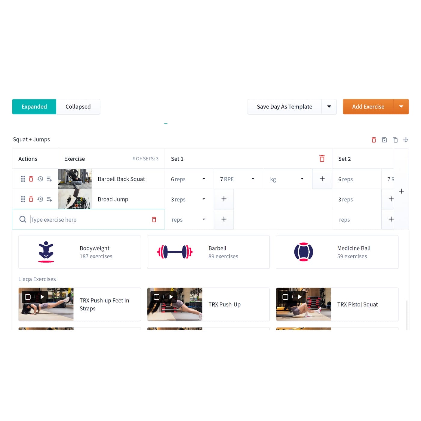 A workout planner interface showing a table with exercises, including "Barbell Back Squat" and "Broad Jump." The table displays columns for actions, exercise names, sets, reps, RPE, and weight. Below are exercise categories like Bodyweight and Barbell, each with icons and exercise counts.