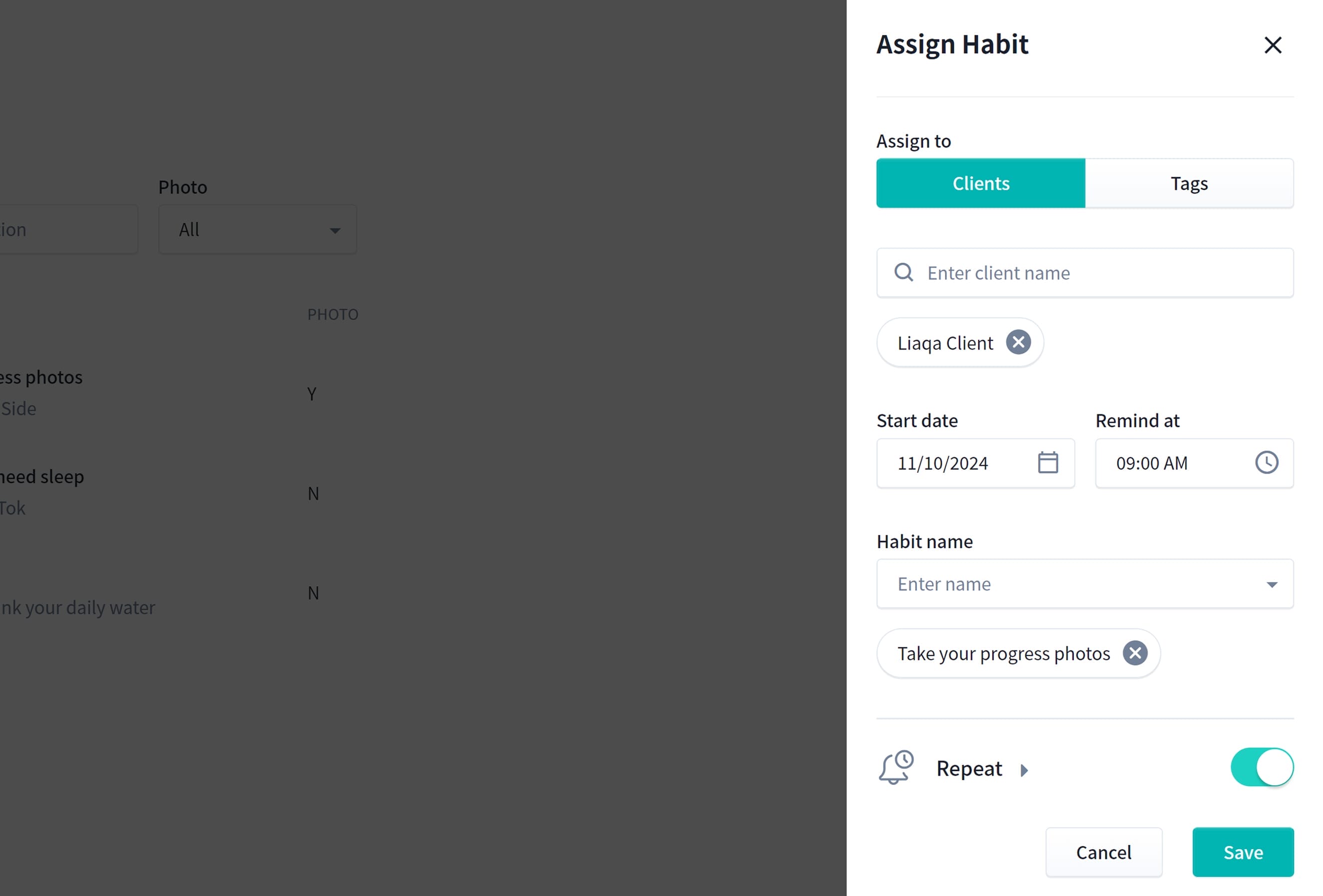 Screenshot of a digital form titled "Assign Habit." It shows fields to assign a habit to a client, with the client "Liaqa Client" selected. The start date is 11/10/2024, and the reminder is set for 09:00 AM. The habit name is "Take your progress photos." Options to cancel or save are visible.