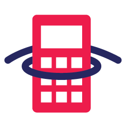 An abstract representation of a red calculator with a dark blue swoosh encircling it. The calculator features a rectangular shape with an empty screen area and six visible square buttons below the screen. The swoosh suggests motion or connectivity around the calculator.