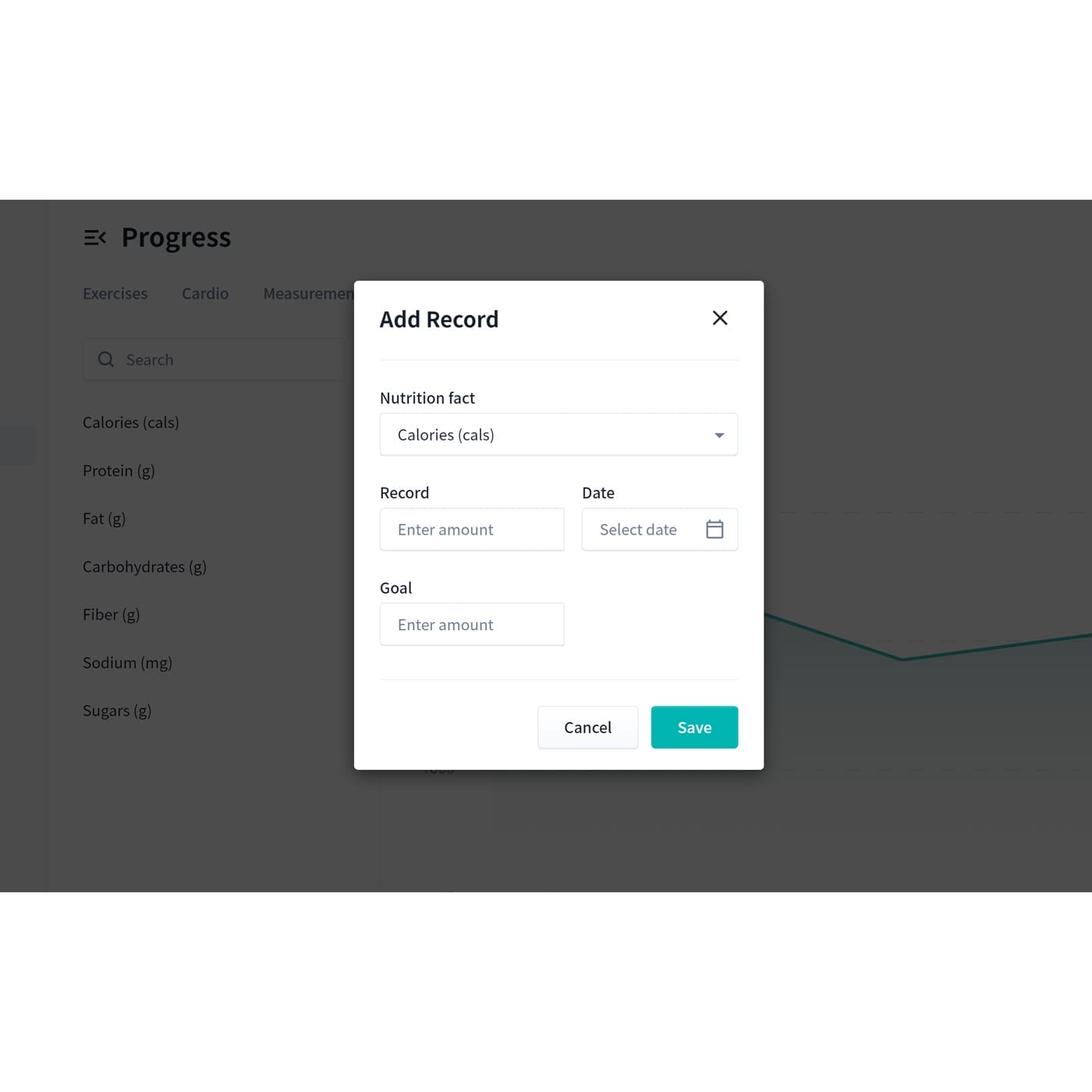 A pop-up window titled "Add Record" is in focus on a progress tracking application. It has fields for Nutrition fact, Record amount, Date, and Goal. The background shows categories like Calories, Protein, and Fat, with a faint line graph partially visible. Save and Cancel buttons are at the bottom.