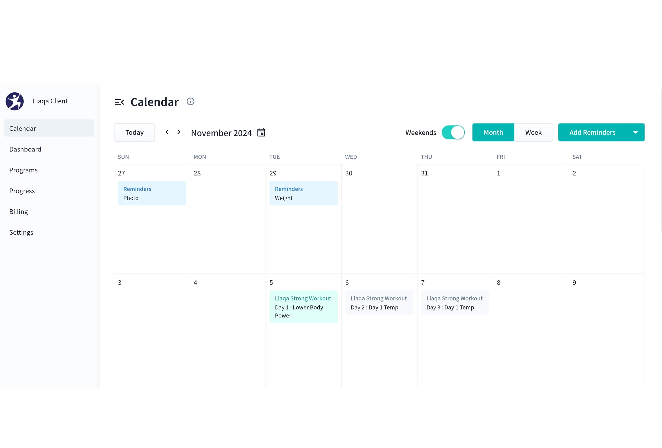 Calendar interface for November 2024 showing a weekly view. Events include a reminder for weight on November 28 and "Lisaa Strong Workout" sessions on November 29 and 30, indicating "Day 1: Lower Body Power" and "Day 2: Tempo." Options for viewing by month or week and adding reminders are visible.