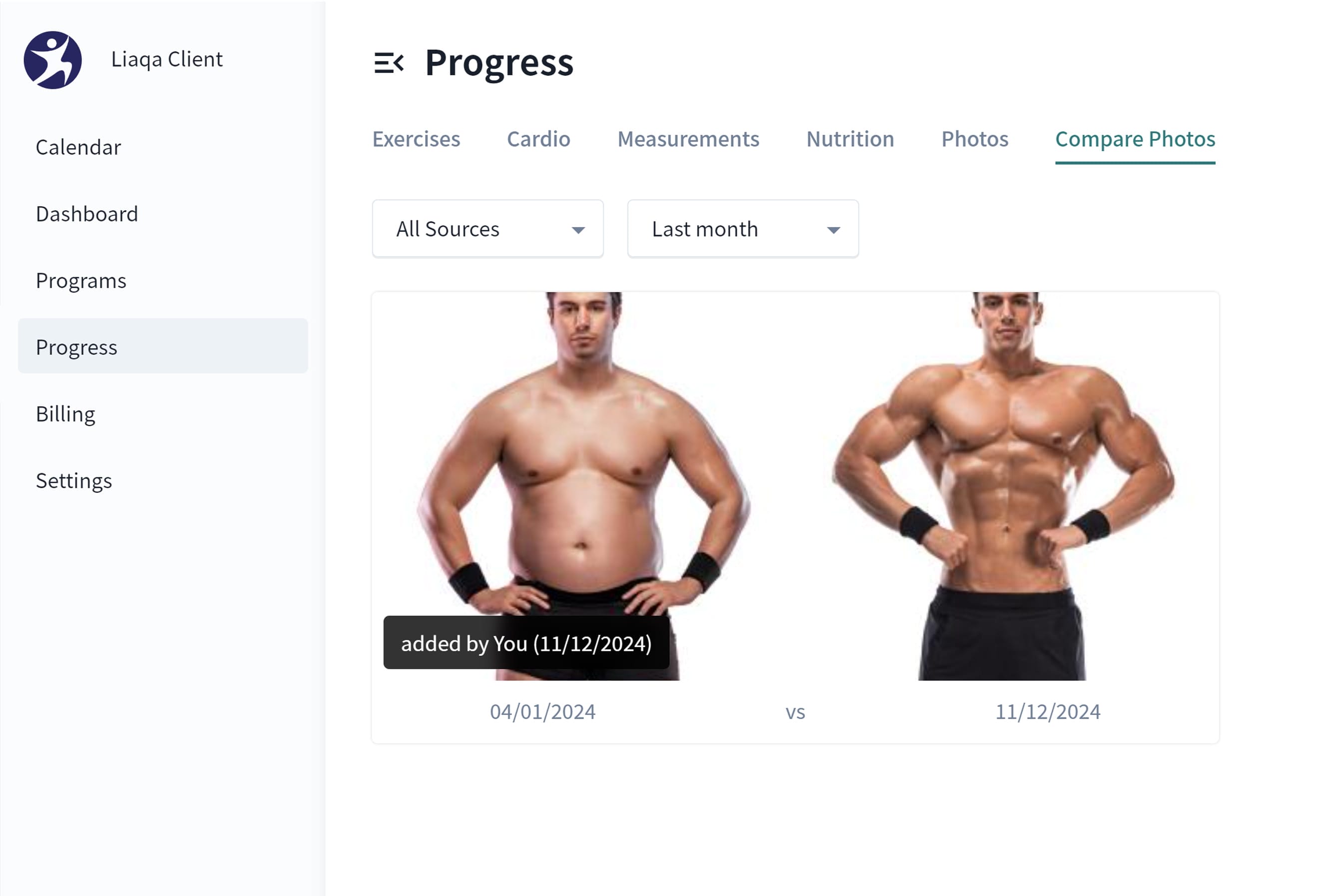 A fitness progress screen shows a before-and-after comparison of a man's physique. On the left, he appears less muscular, dated 04/01/2024. On the right, he is more muscular and defined, dated 11/12/2024. The sidebar displays various menu options, including calendar and dashboard.
