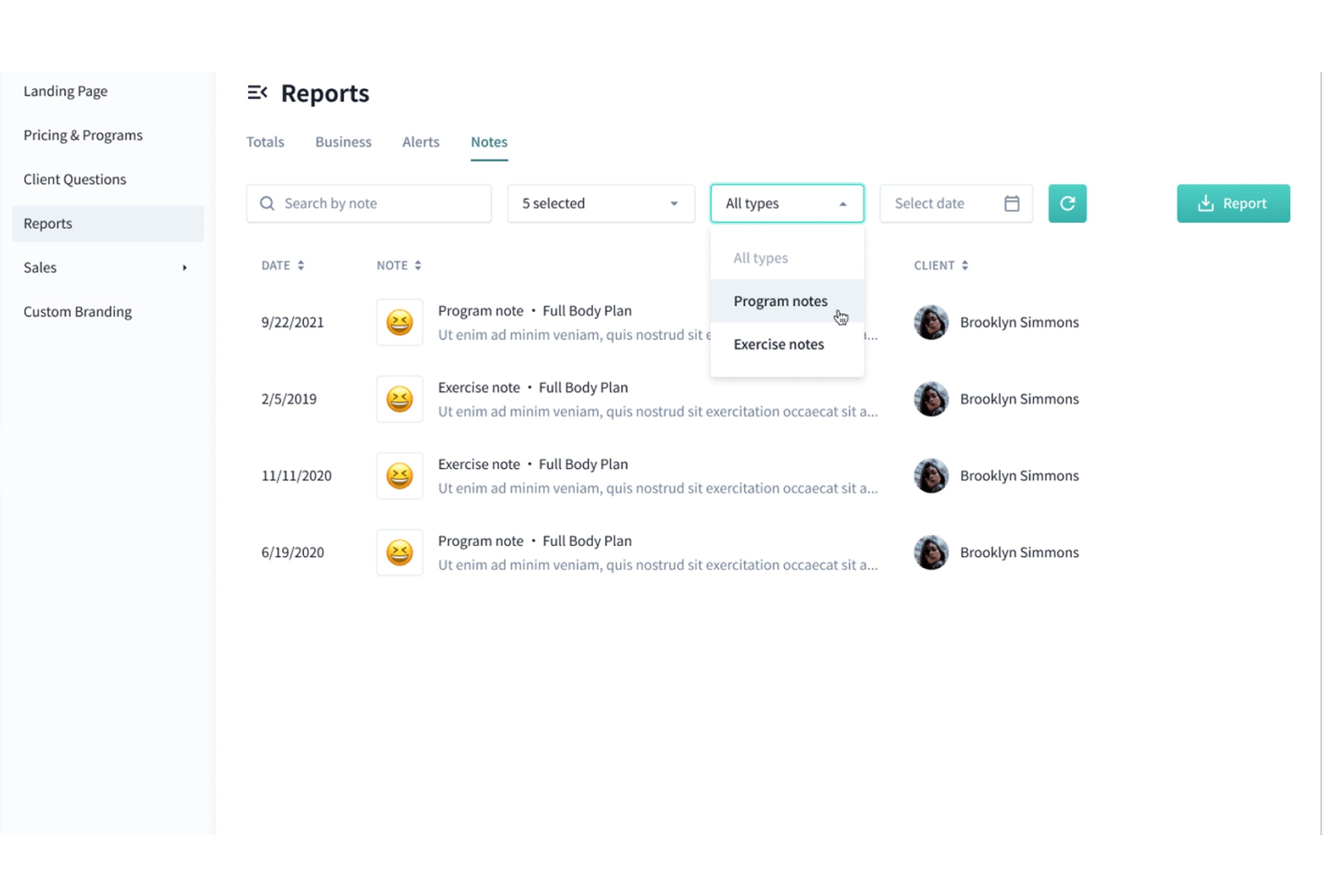 A user interface displaying a "Reports" section with a list of notes. There are several entries with dates, note types, and client names. The top panel includes search and filter options for note type and date. A floating dropdown menu is visible, highlighting "Program notes.