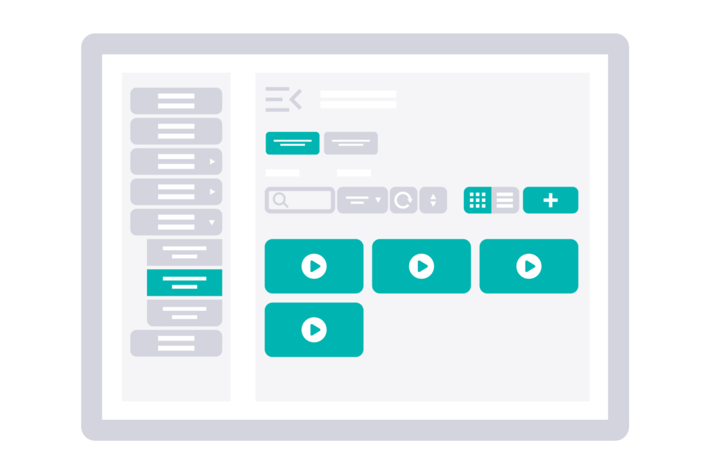 Illustration of a tablet displaying a user interface with a left sidebar of options and a main screen showing a grid of turquoise play buttons. Controls include search, calculator, and add buttons. The design is minimalist, using shades of gray and turquoise.