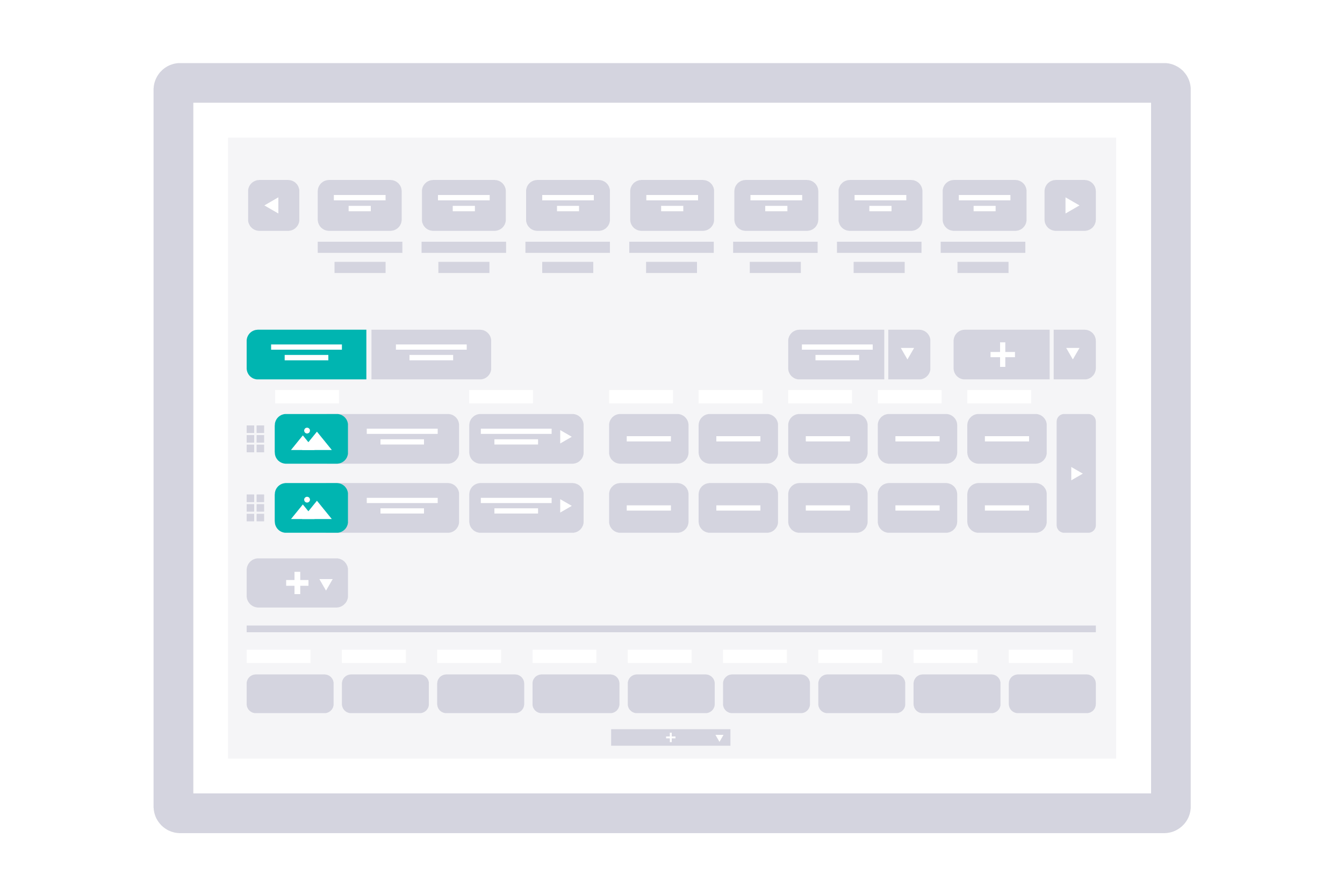 A tablet displaying a flowchart interface with several interconnected blocks. Some blocks feature a mountain icon, indicating image placeholders. The layout is primarily grey and white, with two turquoise blocks highlighting specific steps. Arrows connect the blocks, showing a sequence.