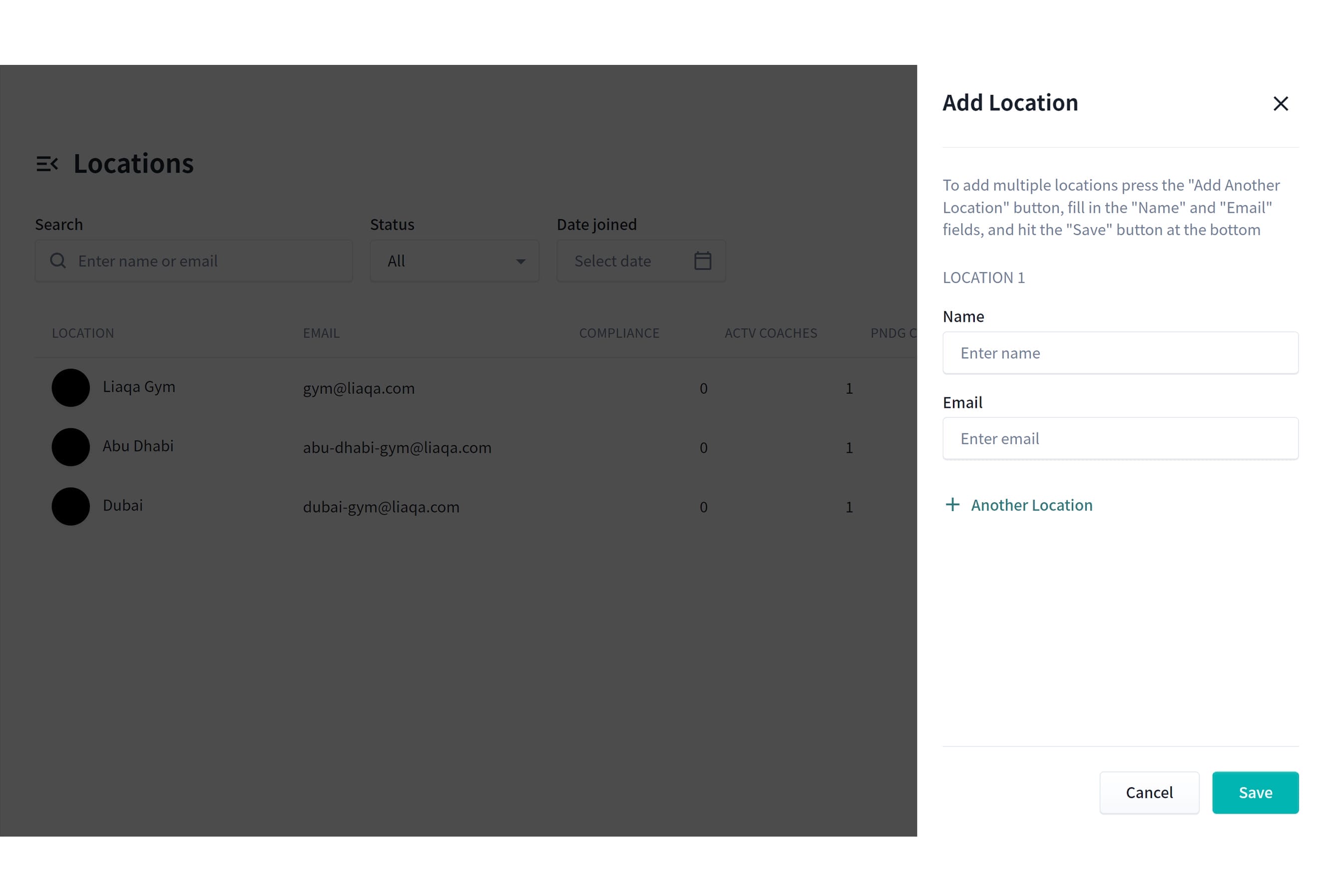 Screenshot of a web interface featuring a Locations page on the left, showing a list with entries for locations, emails, and actions. The right side displays an "Add Location" form with fields for name and email, a button to add another location, and "Save" and "Cancel" buttons.