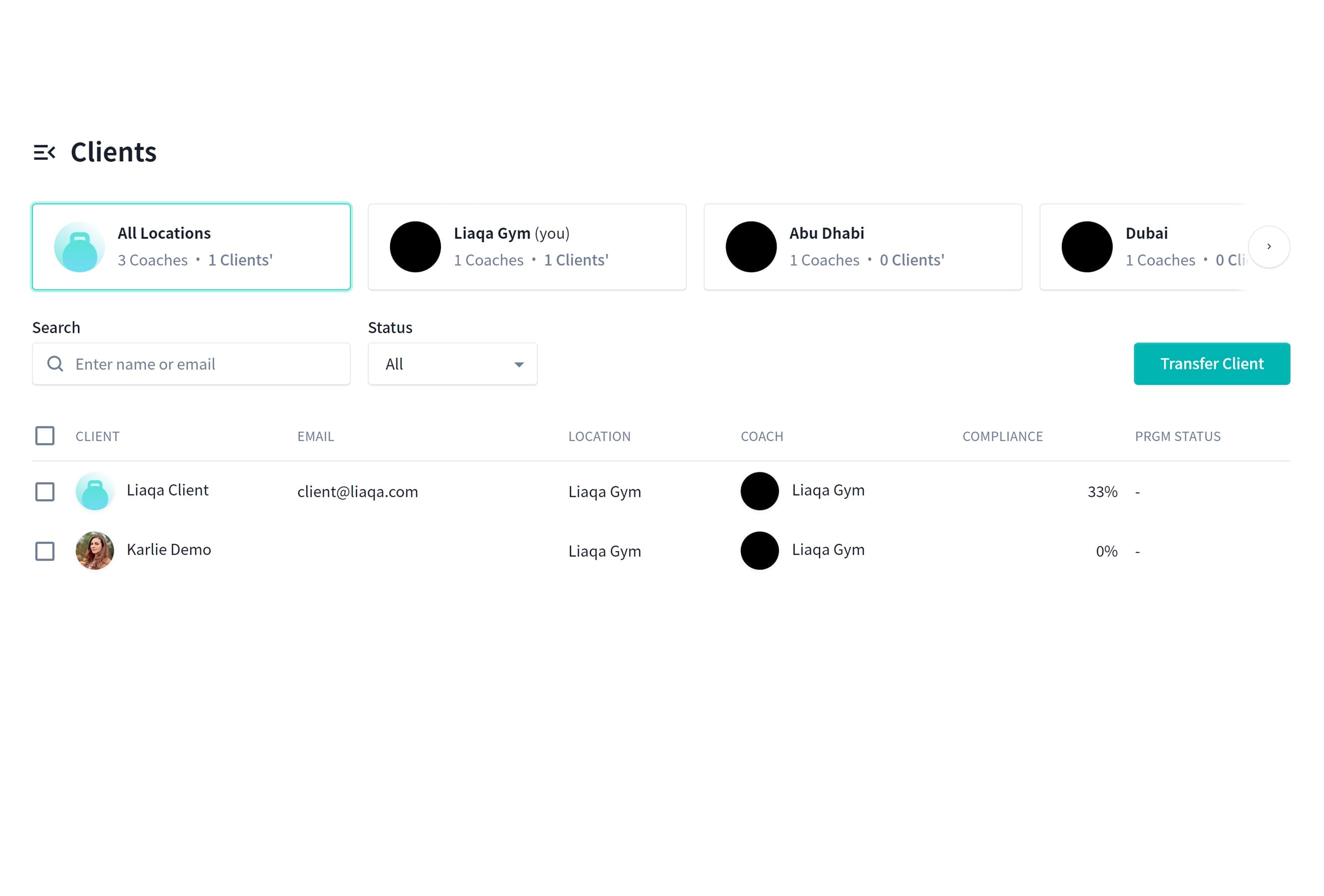 Screenshot of a client management dashboard displaying locations and clients. The sidebar highlights "All Locations" with 3 coaches and 1 client. Two entries list clients with their emails, associated gyms, and compliance percentages. A "Transfer Client" button is visible on the right.