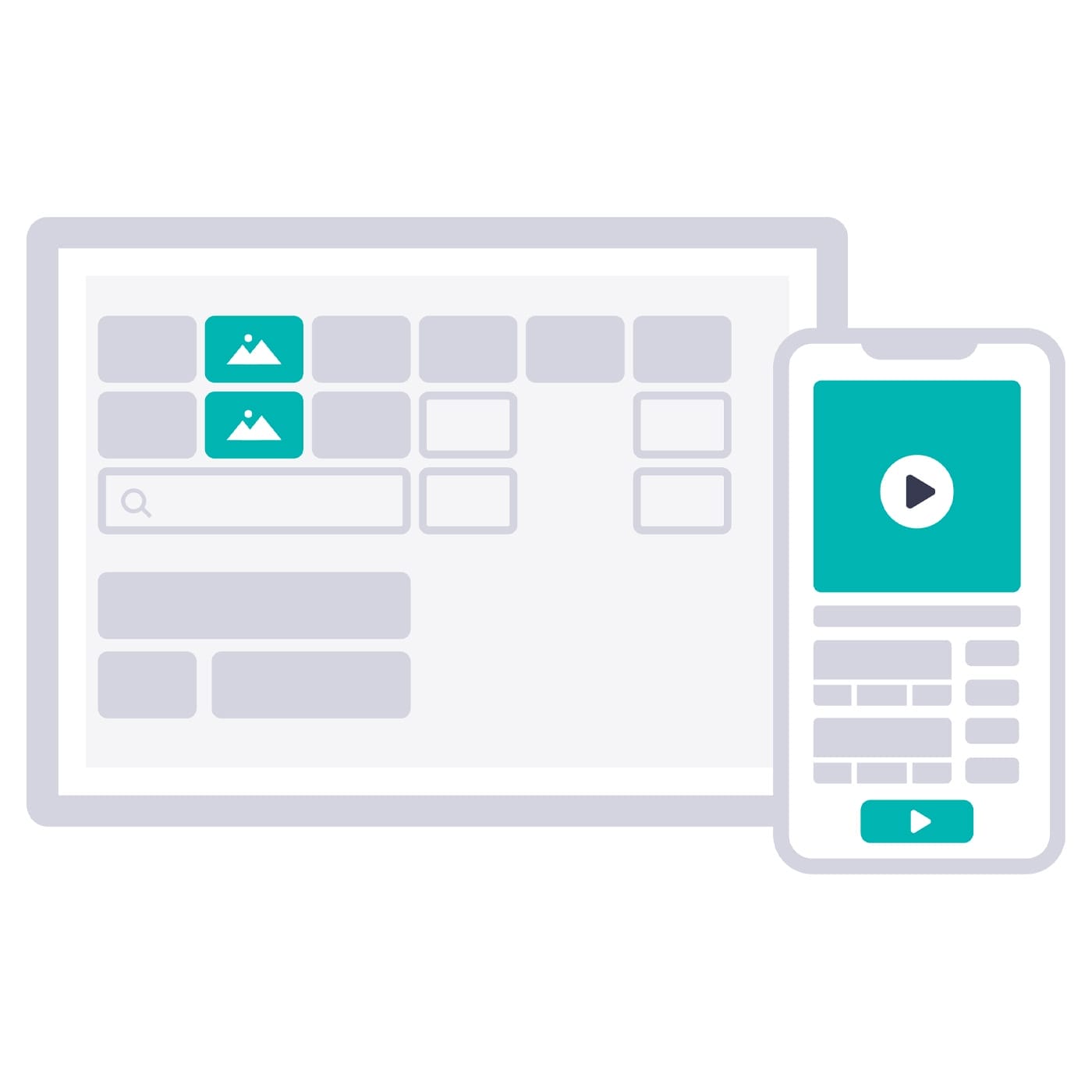 Illustration of a tablet and smartphone. The tablet on the left displays a grid layout with image and text placeholders. The smartphone on the right shows a play button at the top, with text and button outlines below. Both devices are outlined in gray with teal accents.