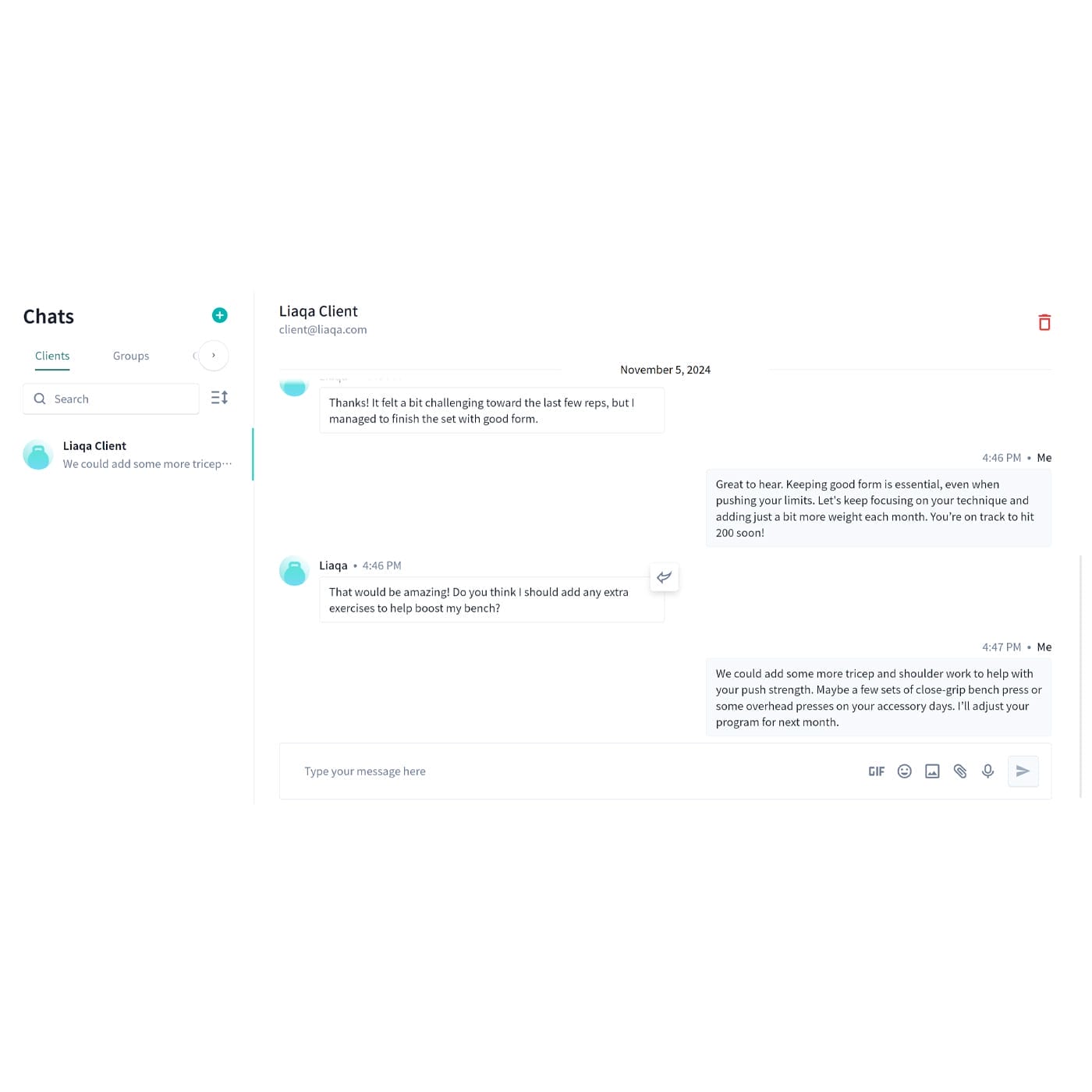 A chat interface between a user and "Liaga Client." The client thanks the user and inquires about exercises to boost neck strength. The user suggests adding shoulder work and mentions their success in reaching a word count goal, with positive encouragement.