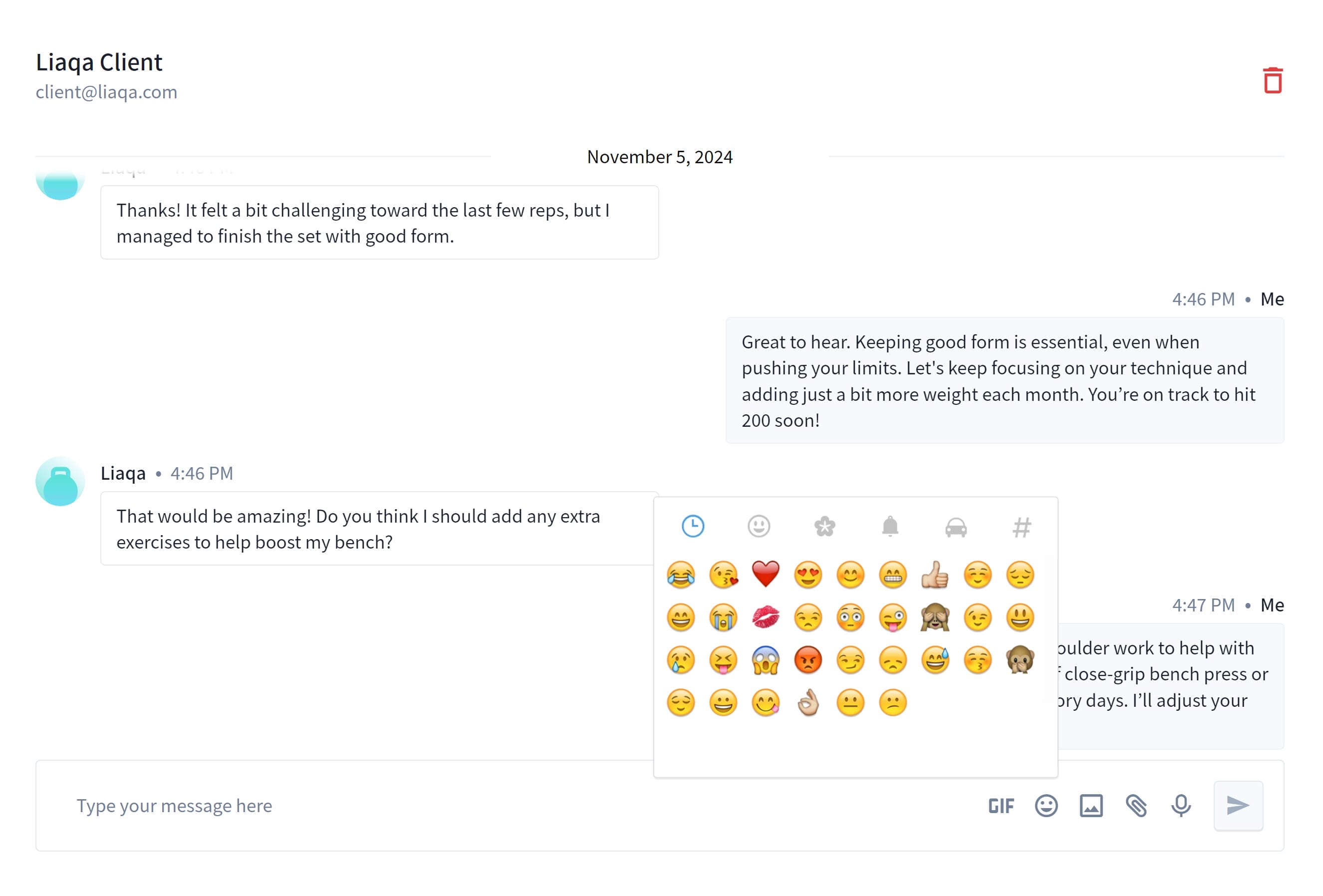 A chat interface with messages between two people. The date is November 5, 2024. One person shares enthusiasm about finishing a set with good form. The other suggests focusing on good form, increasing weight gradually, and is asked about extra exercises for a bench press. Emojis are shown.