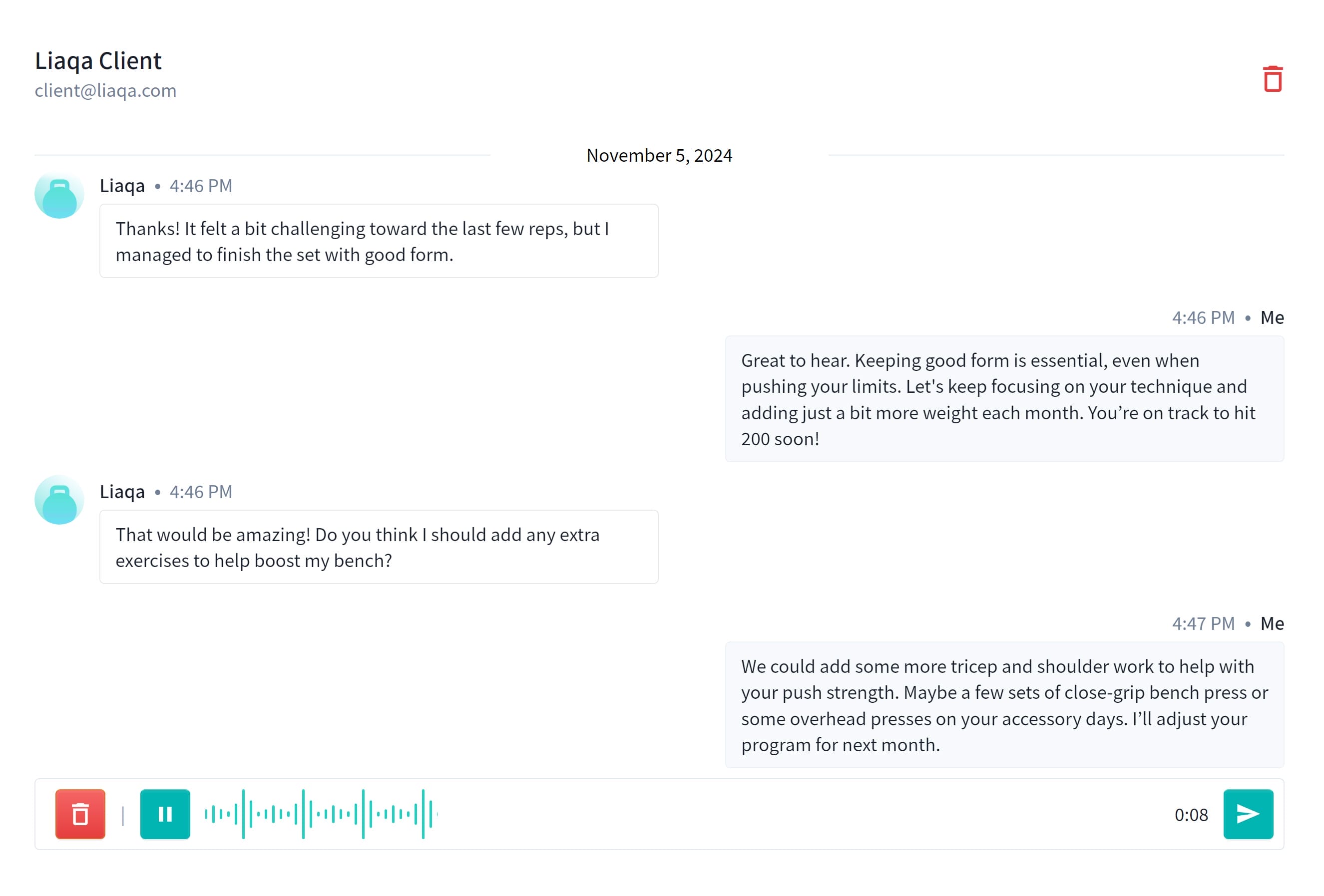 A chat interface shows a conversation between two individuals on November 5, 2024. Liaga mentions feeling challenged during a workout but maintaining good form. The other person advises focusing on technique and suggests adding tricep and shoulder workouts to improve bench press strength.