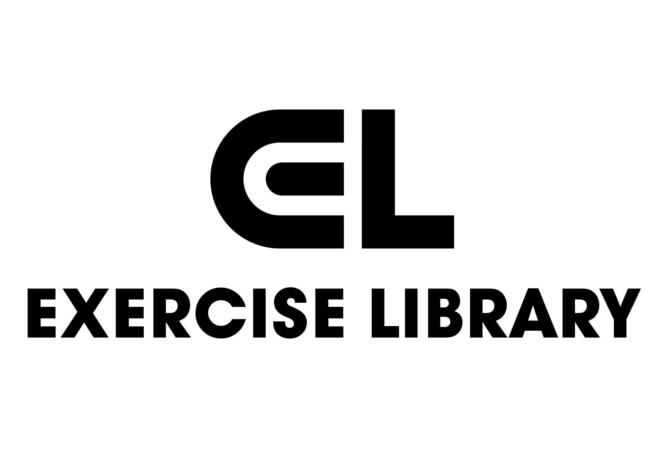 Bold black text reads "EXERCISE LIBRARY" in uppercase. Above it, stylized letters "E" and "L" are interconnected to form a distinct logo. The design is set against a plain white background.