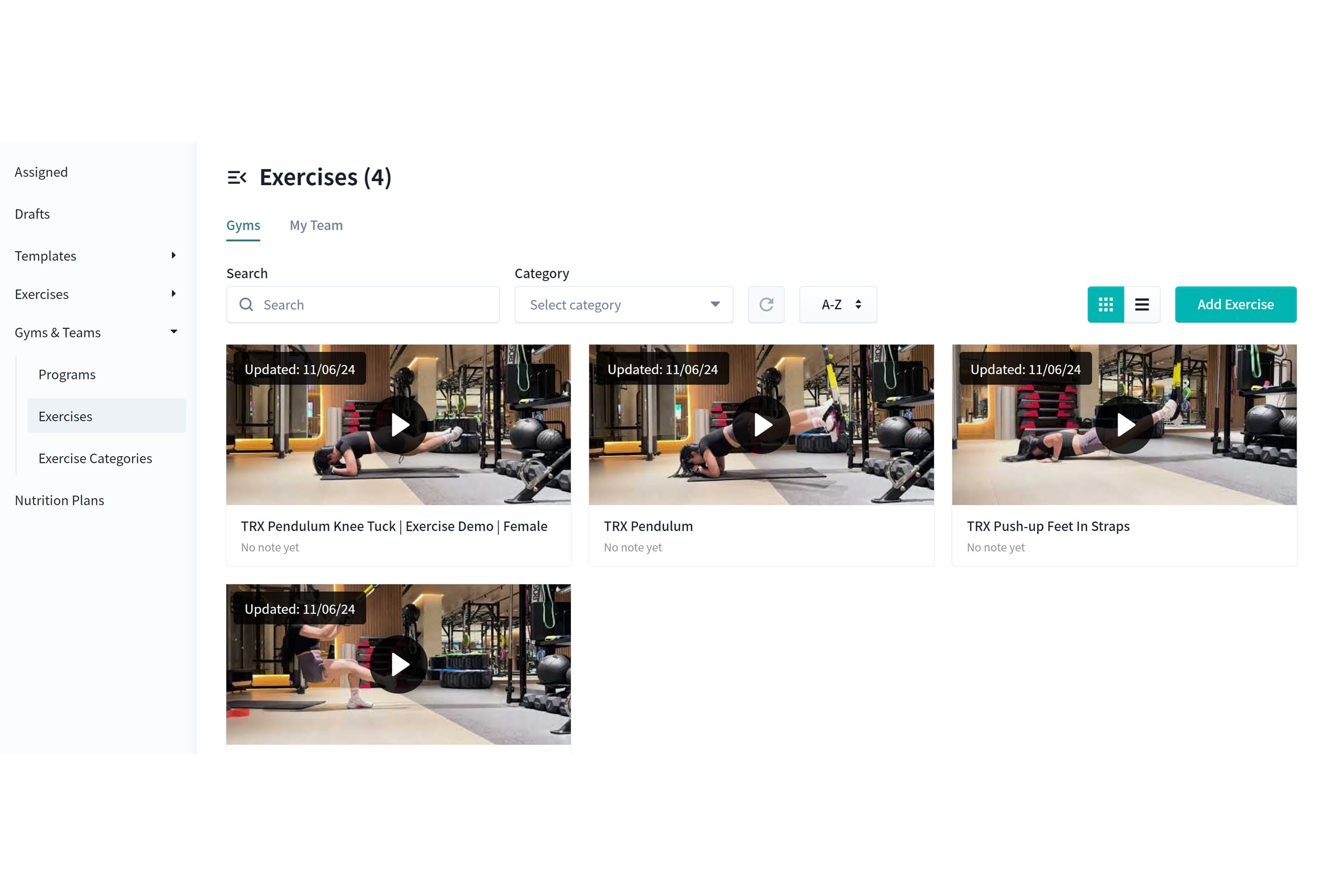 A webpage displaying exercise videos. The page title reads "Exercises (4)." Below, there are four video thumbnails titled "TRX Pendulum Knee Tuck," "TRX Pendulum," and "TRX Push-up Feet in Straps," with dates shown. The interface includes search, category, and sorting options, along with an "Add Exercise" button.