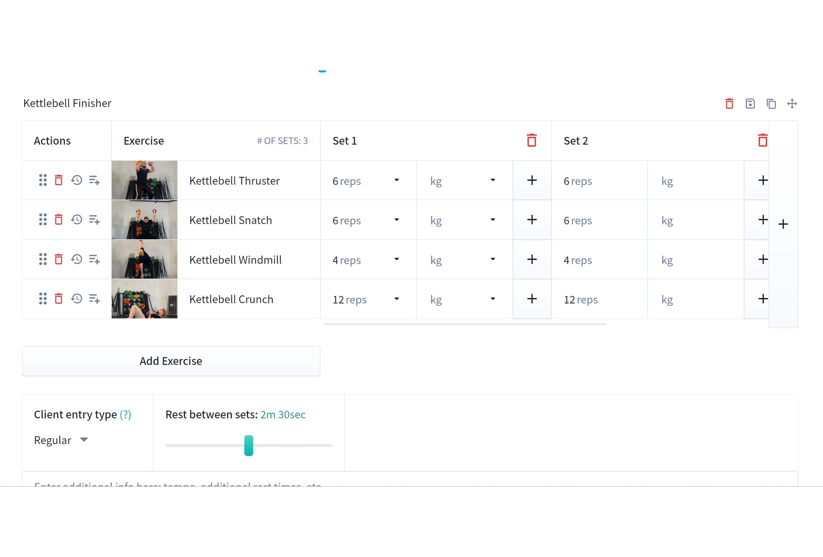 A workout app interface titled "Kettlebell Finisher" shows a list of exercises: Kettlebell Thruster, Snatch, Windmill, and Crunch. Each has two sets with columns for reps and weights. Additional options include adding exercises and setting rest times. A sidebar for client entry type is visible.