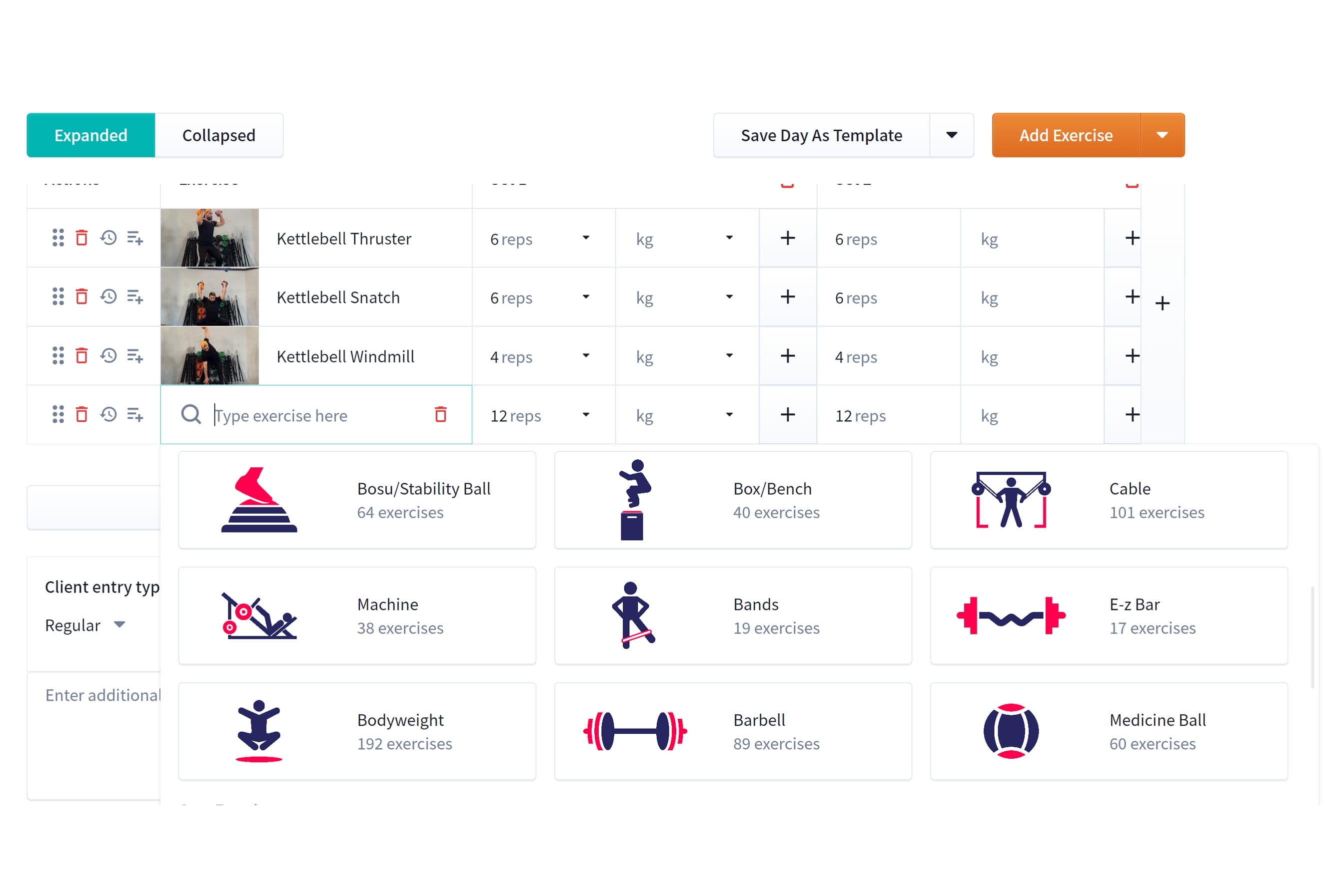 A fitness app interface displays a workout planner with exercises listed on the left, including "Kettlebell Thruster" and "Kettlebell Windmill," with sets, reps, and weight fields. On the right, exercise categories like Bodyweight, Barbell, and Bands are shown with icons.