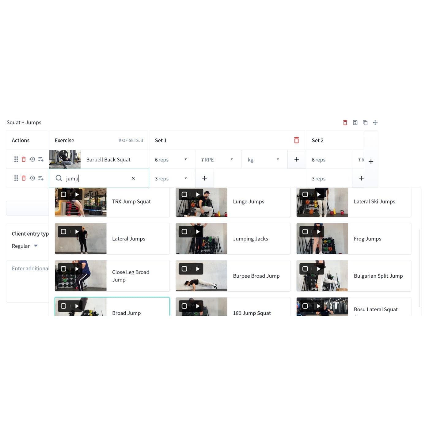 Image of a fitness app interface displaying exercise options. The screen shows various workout videos such as TRX Jump Squat, Lateral Jumps, Jumping Jacks, and Bulgarian Split Jump. The layout includes actions, exercise details, and set information, with a search bar filtering "jump.