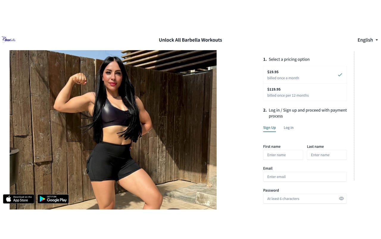 يقف شخص يرتدي ملابس رياضية سوداء في الهواء الطلق، وذراعه مثنية. يوضح النص على اليمين أسعار الاشتراك وخيارات تسجيل الدخول. تظهر أزرار تنزيل التطبيق أسفل اليسار.